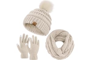 URATOT Winter Warm Knitted Sets Beanie Pompom Hat Scarves Winter Face Cover Touchscreen Gloves Scarf Set for Men Women