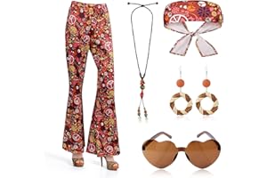 KINBOM Conjunto de Disfraz de Hippie Años 70s para Mujer, Pantalones de Corte de Bota Hippie de Años 70 Vintage Ropa Hippie Bohemio Disfraz Hippie Mujer Accesorios Collar de Cuentas para Mujer