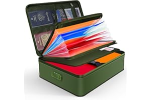 JUNDUN Organiseur de documents, porte-documents ignifuge avec serrure, boîte de rangement à 7 compartiments, organiseur de fichiers, porte-documents portable pour documents importants, dossiers (vert)