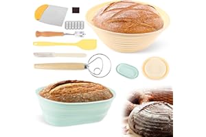 PBUSPU Lot de 2 Banneton pour Pain, Banneton Panier D'épreuvage Set, Racloir à Pâte, Couteau de Boulanger avec 5 Lames Supplémentaires, Fouet à pâte Danois, Coupe à pain, Couteau à Confiture