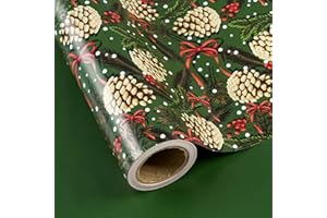 RUSPEPA Papel De Regalo Navideño Reversible Verde - Mini Rollo - 43,2 Cm X 10 M - Papel De Regalo Con Piñas Con Lazo Rojo Y Verde Liso Para Y Fiestas.