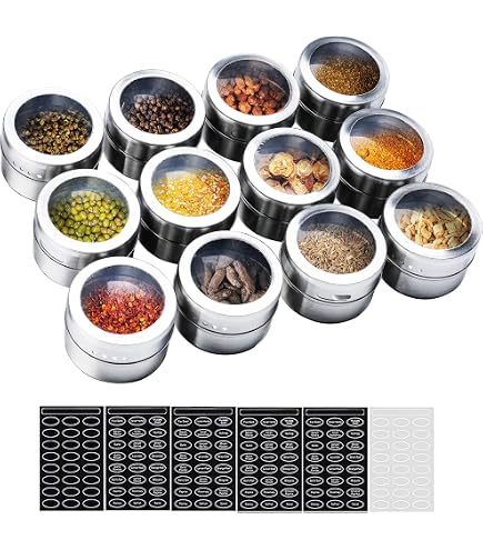 Aiyola Magnetische Gewürzdosen, 12 Stück, Edelstahl, magnetischer Gewürzbehälter, staubdicht, magnetische Gewürzgläser, leicht zu reinigen und rostfrei, inklusive 120 Beschriftungsaufklebern