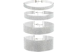 JewelryWe Bijoux Lot de 4 Collier du Cou Femme Sautoirs Bling Faux Diamant Résine Fantaisie Couleur Argent Rendez-Vous Anniversaire avec Sac Cadeau