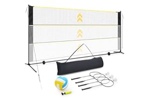 Patiassy Filet de Badminton et Volleyball de 5.18M- Filet de Sport réglable en Hauteur extérieur avec poteaux, 4 Raquettes de Badminton, 3 Volants et 1 Volley-Ball pour arrière-Cour, Plage, Jardin
