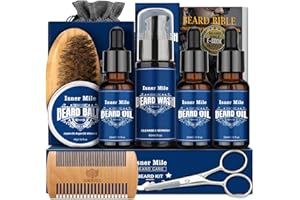 ISNER MILE Kit Barbe Pour Papa Mari Petit Ami, Kit de Soin Barbe avec Huile, Brosse, Peigne,Baume, Shampoing,Ciseaux, Coffret Cadeaux pour Homme
