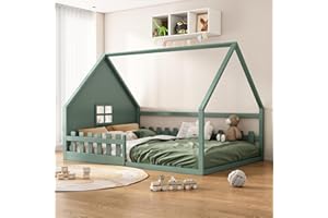 Huayz Letto per bambini, 140 x 200 cm, Montessori, con protezione anti-caduta e rete a doghe, in legno, per ragazzi e ragazze, senza materasso (verde)
