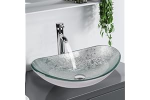 YU YUSING Lavabo Ovale en Verre avec Robinet, Vasque à Poser, Lave-Mains, pour Salle de Bain, Cuisine, Toilette, WC d'invités, Argenté Moderne, 53 x 35 x 16 cm