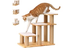 FUKUMARU Scaletta per Gatti, Scala per Animali in Legno Massiccio con Palo Tiragraffi, Rampetta Trasformabile per Cani e Gatti Fino a 90kg, 6 Combinazioni per Salire su Letti e Divani, H:51cm