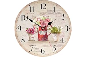 TAHEAT Plants Flowers Wall Clock, Vintage Shabby Chic Wood Kitchen Clock Unusual, Silent Non Ticking Retro Wall Clocks for Living Room Bedroom Bathroom Office, 12 Inch