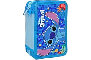 Clondo Dreifach Gefüllt Federmäppchen für Kinder, für Stitch Fans, Jungen und Mädchen, 44 Schulutensilien, 3 Reißverschlüsse, Buntstifte, Filzstifte, Schere