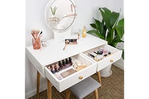 Ezigoo Dressing Table with Mirror and Stool 80cm Length White Vanity Table 2 Drawers and Round Mirror with LED Light Bedroom Dressing Tables Home Furniture Bedroom Makeup Vanity Table Stool Set