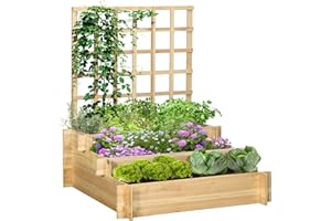 Outsunny 3 Tier Planters with Trellis for Vine Climbing, Wooden Raised Beds for Garden Patio, Outdoor Planter Box for Vegetables, Flowers, Herbs, Natural Tone
