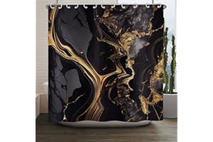 ASDCXZ Marmor Duschvorhang Schwarz Gold 180x180 cm, Modern Abstrakt Schwarz Gold Marmor Optik Textur Waschbar Bad Duschvorhänge Polyester Textil Wasserdicht Duschvorhang für Badewanne mit 12 Hake