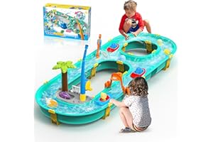 Gerbala Stół wodny zabawka dla chłopców i dziewczynek w wieku 3+ lat, tor wodny dla dzieci na zewnątrz z 6 figurkami zwierząt, 2 łodziami i wędką, stół wodny dla dzieci na zewnątrz, na balkon