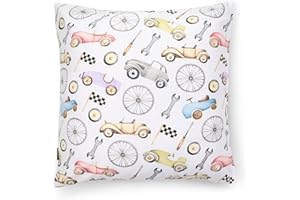 PinkZebra Kopfkissenbezug Kinder, Kissenbezug 80 x 80 cm aus 100% Baumwolle, Kissenhülle Jungen, Öko-tex Standard 100, Kinderbezüge mit Reißverschluss, Autos Oldtimer