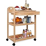 SMIBUY Carrello da cucina a isola su ruote con cassetto e ripiani, portavivande in bambù a 3 livelli con piano in legno massi