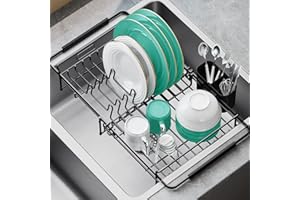 KINGRACK Scolapiatti da Appoggio - Scolapiatti da Lavello con Porta Utensili, Scolapiatti Estensibile Sopra il Lavello, Scolapiatti da Appoggio per Lavello da Cucina per Verdura Frutta Piatti