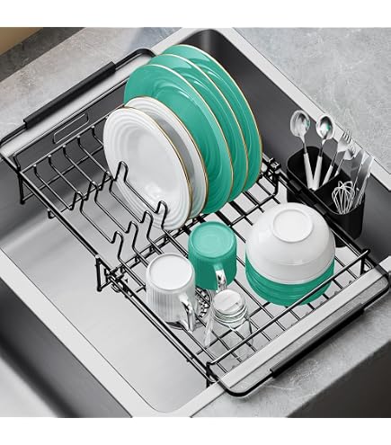 Scolapiatti telescopico in acciaio inox, scolapiatti regolabile, espandibile per lavello sopra il lavandino, scolapiatti regolabile per scolapiatti da cucina, per frutta e verdura (grigio, grande