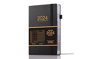 TDOLISSTE - 2024 Agenda Giornaliera, Diario A5 Planner Con Piano Giornaliero di 366 Pagine e Piano Mensile di 24 Pagine, Portapenne e Tasca Interna, Copertina Rigida Pelle Sintetica Nera