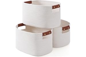 GYBOOM Woven Cotton Rope Storage Basket,Decorative Woven Basket,Decorative Baskets with Detachable Leather Handles for Closet Storage,Woven Baskets For Toy,Blanket Storage(3 pack,White)