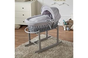 For Your Little One Wicker Moses Basket with Rocking Stand, 83 x 49 cm, Hand-woven Natural, Hypoallergenic Mattress Grey Wicker/Waffle Pattern (Grey)