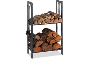 Relaxdays Leñero Interior con 2 Estantes y 4 Colgadores para Accesorios Chimenea, Acero, Antracita, 100 x 60 x 30 cm