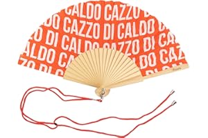 Fisura – Abanico original con mensaje “c*zzo di caldo”. Abanico de madera moderno y gracioso. Abanico rojo con patrón. Abanico con cuelga abanico. 42,5 x 23 cm.