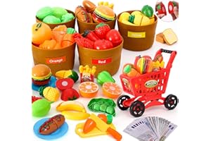 vamei Play Food Set for Kids Play Kitchen Accessories Color Sorting Set Cutting Fruit and Vegetables Toys with 5 Baskets Pretend Play Toys for Toddlers Boys Girls 2 3 4 5 Year Old