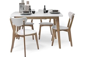 Homely - Conjunto de Comedor de diseño nórdico MELAKA Mesa Extensible Color Roble y Blanco de 120/160x80 cm + 4 sillas MELAKA Color Roble y Blanco