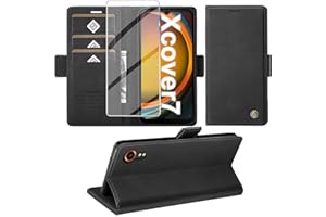 Giyer Handyhülle für Samsung Galaxy Xcover 7 Hülle mit Displayschutzfolie, Schutzhülle Galaxy Xcover 7 PU Leder Wallet Flip Case Ständer Kartenfach Klapphülle für Samsung Xcover 7 Tasche (Schwarz)
