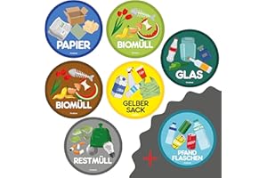 PrintAttack P040 6+1 Set Mülltrennung Aufkleber Kratz, Wetter & UV beständig | Ø je 100 mm (6+1 Set Deutsch)