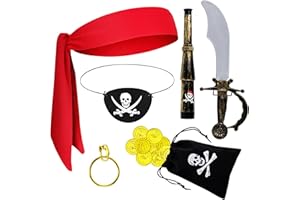 Orgoue 7PCS Captain Pirate Costume Accessories, Pirate Costume Women Men Kids Pirate Accessories with Pirate Bandana Headband Eye Patch Binocular Earring Wallet and Gold Coins for Halloween