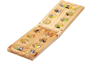 Relaxdays Kalaha-spel, vikbart, av trä, 48 stenar, för 2 personer, barn och vuxna, Mancala brädspel, natur