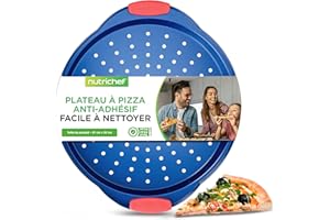 NutriChef Plaque Pizza - Moule à Pizza Antiadhésif - Plat Rond en Acier Perforé - Plaque de Cuisson premium avec Poignées en Silicone - Plat pour Four - Compatible Lave-Vaisselle - Bleu