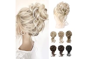 REECHO Messy Bun Hair Piece, Tousled Updo Elastic Hair Bun Hairpiece for Women Synthetic Donut Accessories Scrunchies - Light Ash Blonde with Highlights