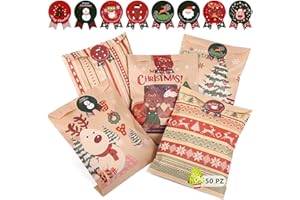 LEMESO Buste Regalo Natale Sacchetti Natalizi Piccoli 50 pz 5 Motivi 13 x 18 cm con 64 Adesivi per Caramelle Cioccolatini Regalini Pensierini