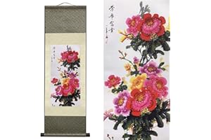 VALART Seta Scorri Pittura Asiatica Decorazione della Parete Rotolo Pittura Fiore - Fiore Prospero - Gloria e Ricchezza Arte Cinese Pergamena da Appendere Scorrimento Decorazione Orientale (94 x 30 cm)