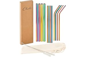 Chali® 12x Cannucce Acciaio Inox Riutilizzabili, Colorate (8x ø6mm, 4x ø12mm), Cannuccia lunghe 21,5cm, Lavabile in Lavastoviglie incl. 2x Spazzole per pulizia