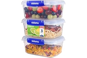 Sistema KLIP IT PLUS Leakproof Food Storage Containers | 1 L | AirtightStackable & Nestable Meal Prep Containers with Lids | School Lunch Boxes | 3 Count