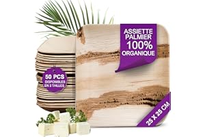 Waipur Assiette Jetable en Feuille de Palmier - 50 pcs. Carrées 25x25 cm - Vaisselle Naturelle et Élégante - Chic, Résistante et au Design Unique - semblable au Bambou et au Bois