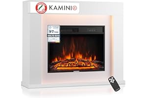 KAMINIO Camino elettrico Matti - Caminetto da pavimento con riscaldamento, effetto fiamma 3D, luce ambiente a LED, telecomando - 38 pollici (Bianco)