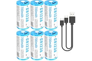 HITRENDS Batteria al Litio CR123A 3V, 6 Pezzi Batteria al Litio USB Ricaricabile 3V, Fino a 3000 Cicli con Porta di Ricarica USB-C, Ricarica Rapida in 2 ore, 700mAh per Serratura porta Impronte Digitali ecc.