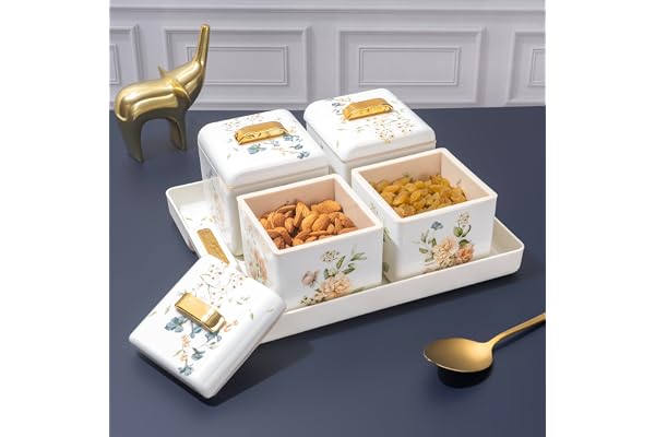 Nayasa Miracle Dry Fruit, 4 pcs Container Serving Tray Set 600 ML Each Multipurpose Plastic Serving Set Premium Design BPA Free Food Grade Air-Tight Lid Snack Organizer Tray White