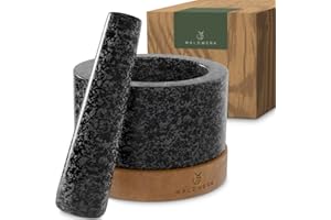 WALDWERK Mortier avec Pilon pour Cuisine (diamètre de 12 cm) - Mortier avec Base en Bois d’Acacia Élégante et Solide - Pilon du Mortier Extra Long en Granit Naturel