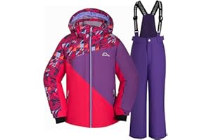 SMONTY Combinaison de neige pour filles Ensemble veste et pantalon de ski d'hiver bretelles à capuche Coupe-vent Imperméable Chaud