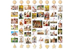 MOVEONSTEP Hanging Wooden Display Frame with 48 Clips,Interchangeable Holiday Decor Clips Wooden Photo Holder Xmas Party Decor Photo Wall Display