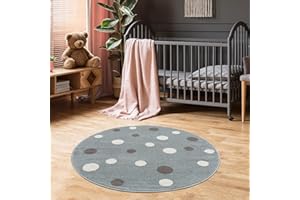 Jimri Kinderteppich DOTS l Pünktchen Gepunktet l Öko-Tex Siegel | Farbe: Beige Blau Rosa | Kinderzimmer/Jugendzimmer (Mint, Ø 120 cm Rund)