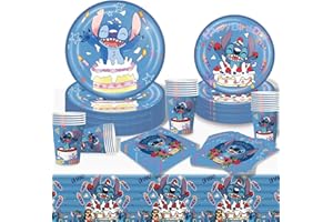 DreamJing Sti-tch Birthday Party Decorations Tableware Set, Sti-tch Party Supplies Paper Plates Cups and Napkins for Kids Birthday Kit 20 Guests F