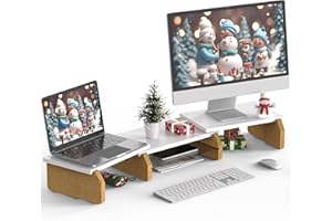 Fenge Supporto per Monitor Doppio, Supporto Monitor in Legno con Lunghezza e Angoli Regolabili Supporto Monitor Scrivania con Gambe in Sughero per PC/Laptop 73-108x23,5x13,4cm Bianco