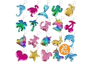 ‎FEPITO FEPITO 20 Stück Bunte Pailletten Schlüsselanhänger, Magic Reversible Pailletten Glitter Schlüsselanhänger gehören Delphin Flamingo Cat Clover Form, Party Bag Füllstoffe Kids Party Favors Supplies